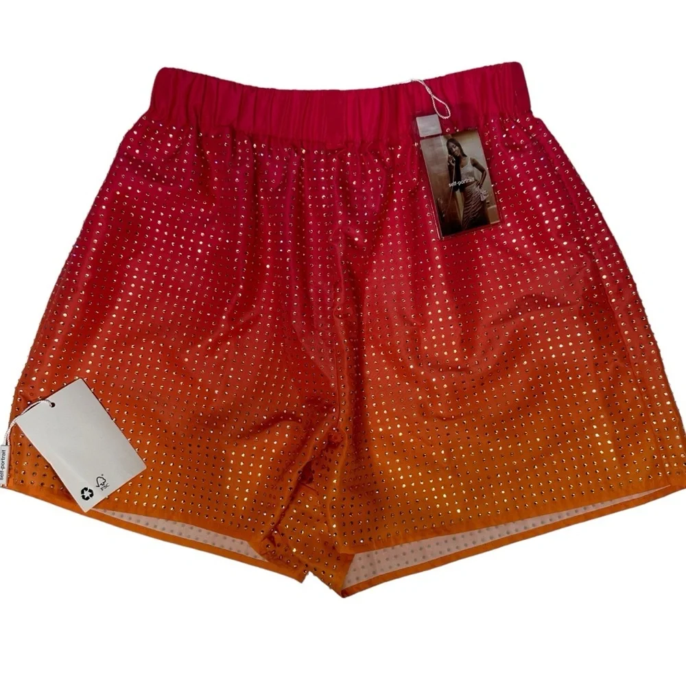 NWT Self Portrait Pink Ombré Crystal Embellished Hotfix Taffeta Shorts 2